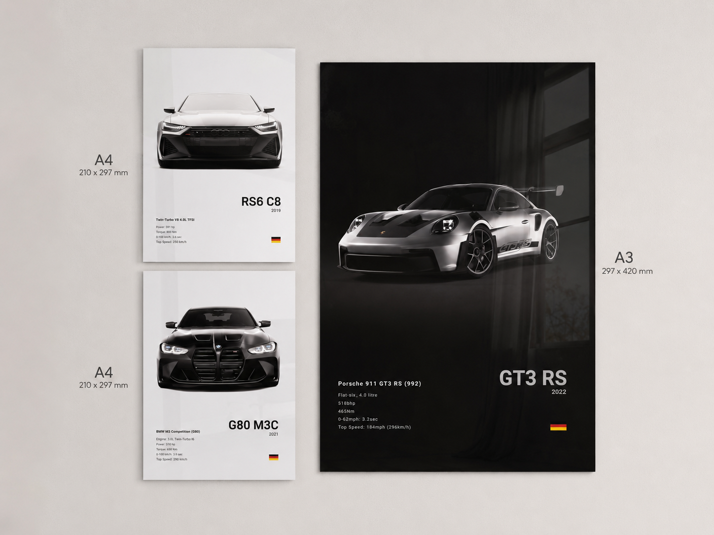 Borderless BMW M3, Audi RS6 & Porsche GT3 RS Wall Art Set | Premium Car Prints