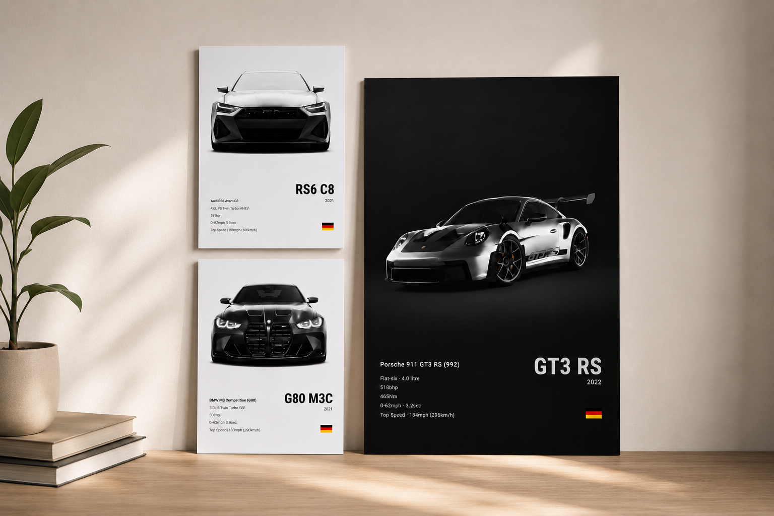 Borderless BMW M3, Audi RS6 & Porsche GT3 RS Wall Art Set | Premium Car Prints