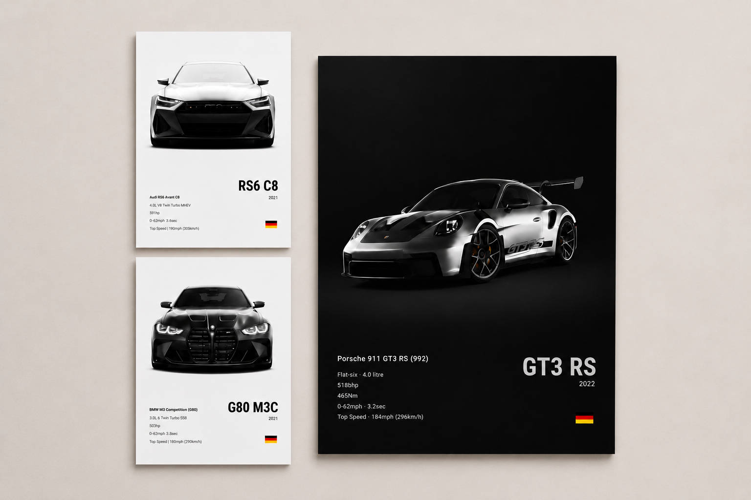 Borderless BMW M3, Audi RS6 & Porsche GT3 RS Wall Art Set | Premium Car Prints