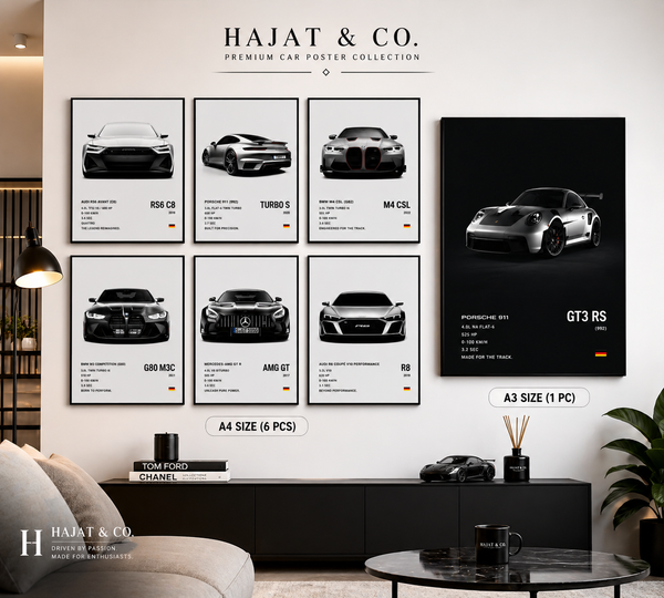 Premium Car Frames Set (7 PCS) – A3 + A4 Minimal Automotive Wall Art